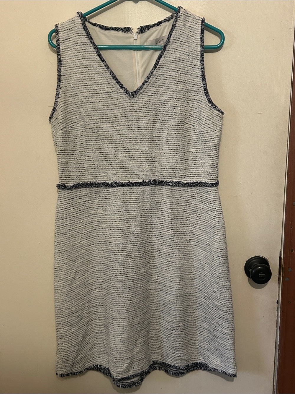 LOFT Ivory and Black Trim Sleeveless V-Neck Midi Dress